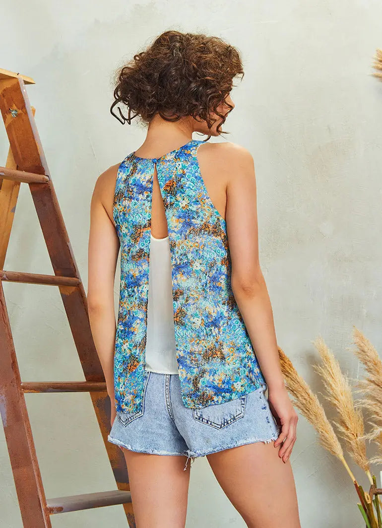 Halter Yaka Açık Sırt Detaylı Desenli Kolsuz Bohem Bluz 5168