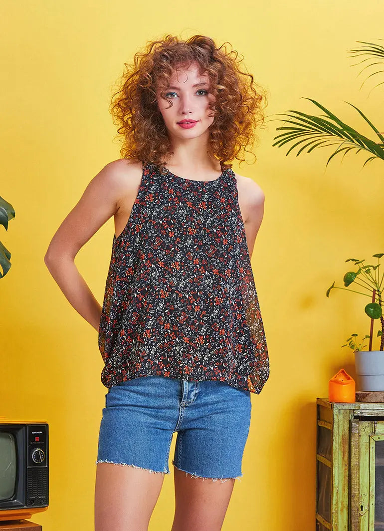 Halter Yaka Açık Sırt Detaylı Etnik Desenli Kolsuz Bohem Bluz 5170