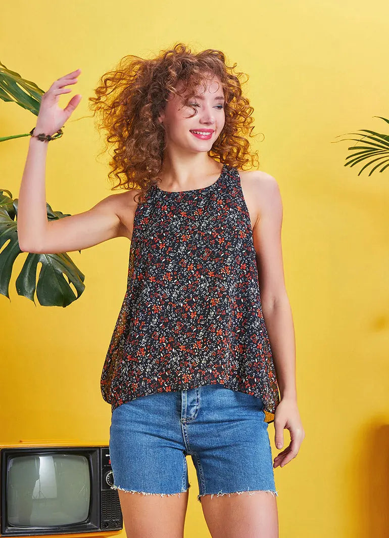 Halter Yaka Açık Sırt Detaylı Etnik Desenli Kolsuz Bohem Bluz 5170