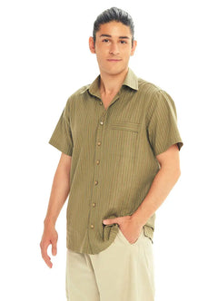 Relaxed Fit Button-Down Short Sleeve Khaki Striped Men's Shirt 3583