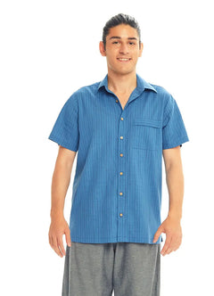 Relaxed Fit Button-Down Short Sleeve Indigo Striped Men's Shirt 3585