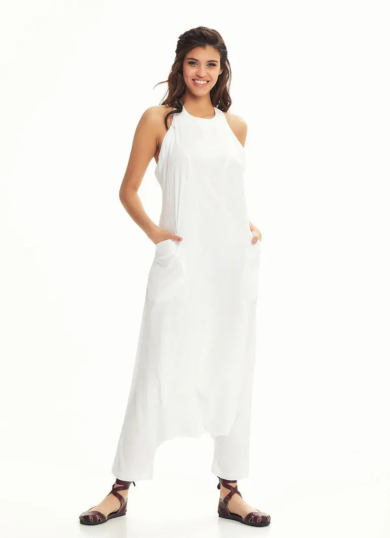 Halter Yaka Sırt Dekolteli Beyaz Tulum 2835