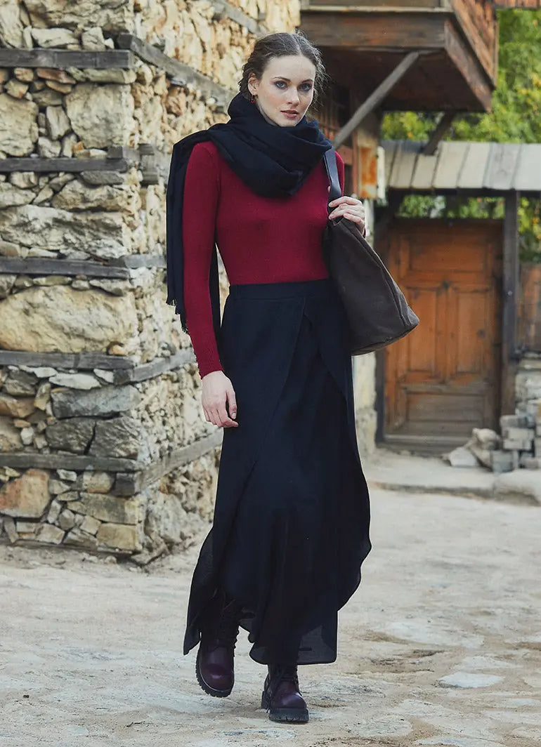Bohem Stil Uzun Yırtmaçlı Siyah Etek 5100