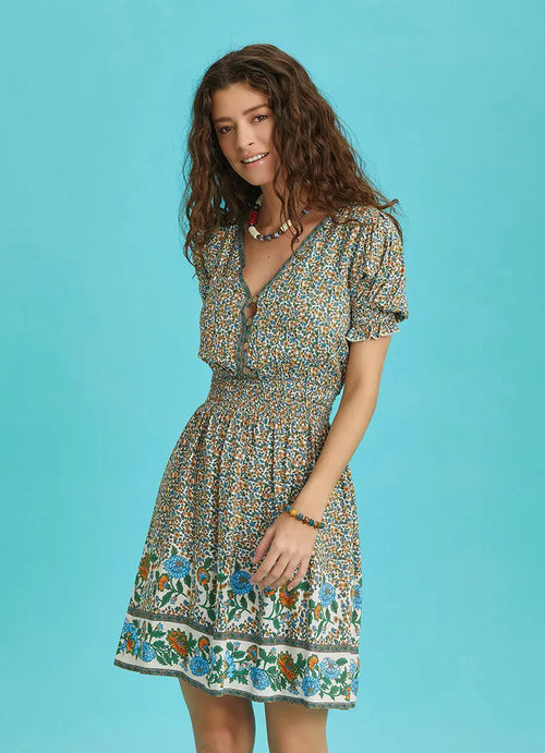 Bohem Stil Sulu Kumaş Gül Desenli Mini Elbise 6559