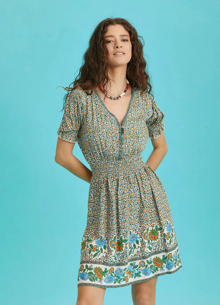 Bohem Stil Sulu Kumaş Gül Desenli Mini Elbise 6559