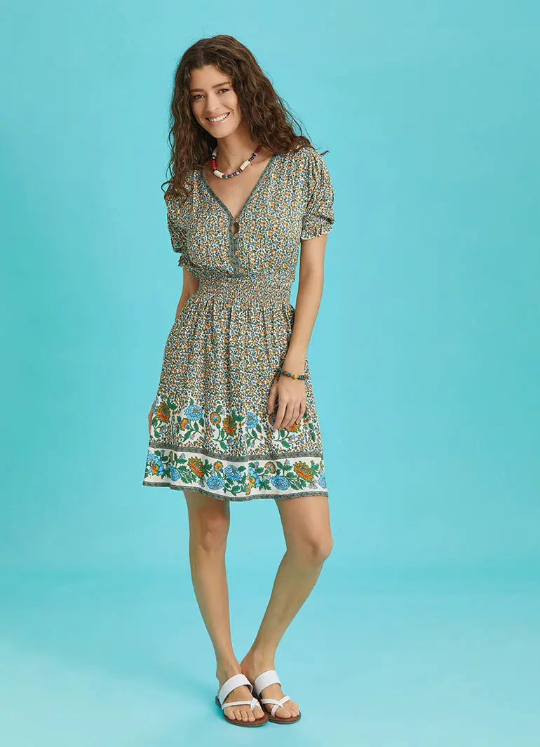 Bohem Stil Sulu Kumaş Gül Desenli Mini Elbise 6559