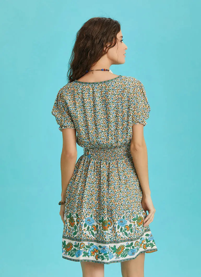 Bohem Stil Sulu Kumaş Gül Desenli Mini Elbise 6559