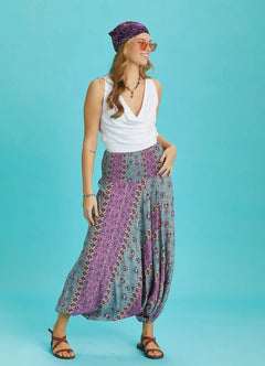 Smocked Waist Boho Floral Print Harem Pants 6291