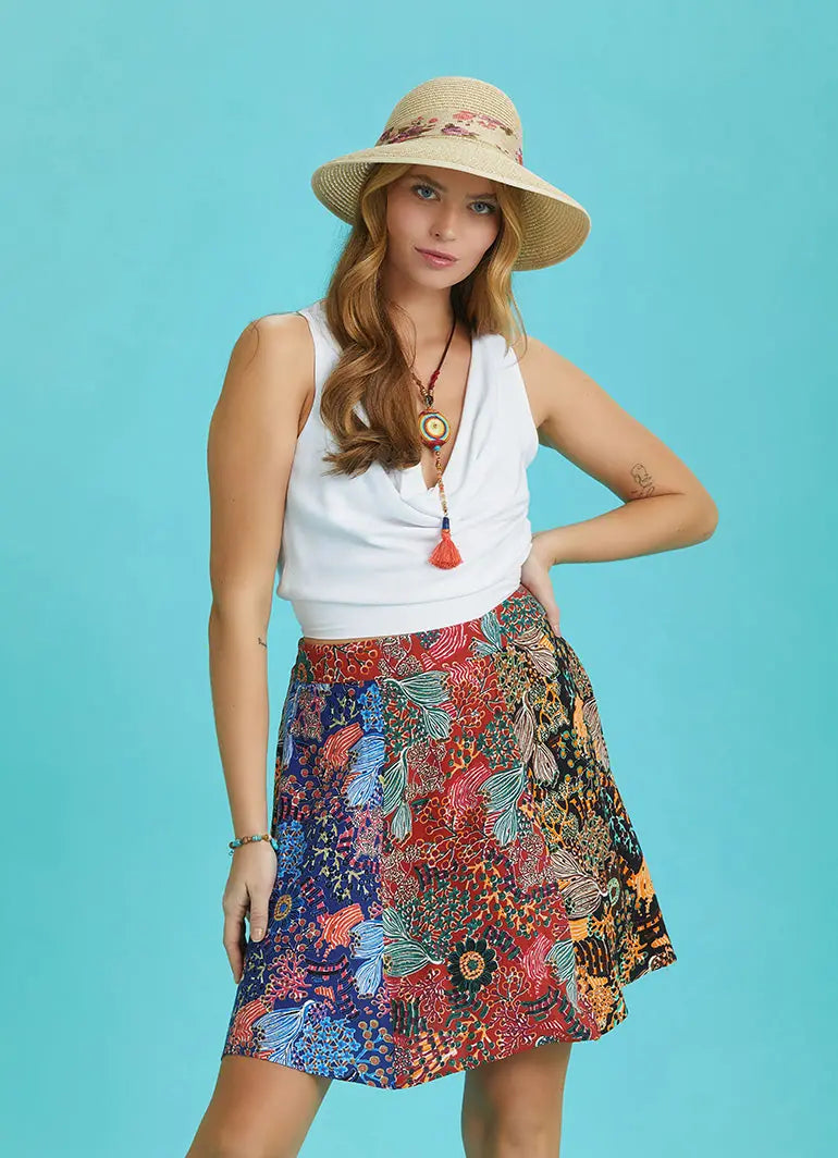 Krımızı Çiçek Desenli Patchwork Parçalı Mini Etek 6296