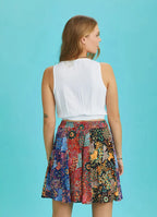 Krımızı Çiçek Desenli Patchwork Parçalı Mini Etek 6296