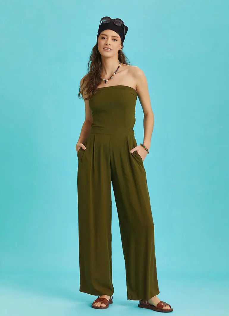 Haki Geniş Paça Straplez Tulum 6323