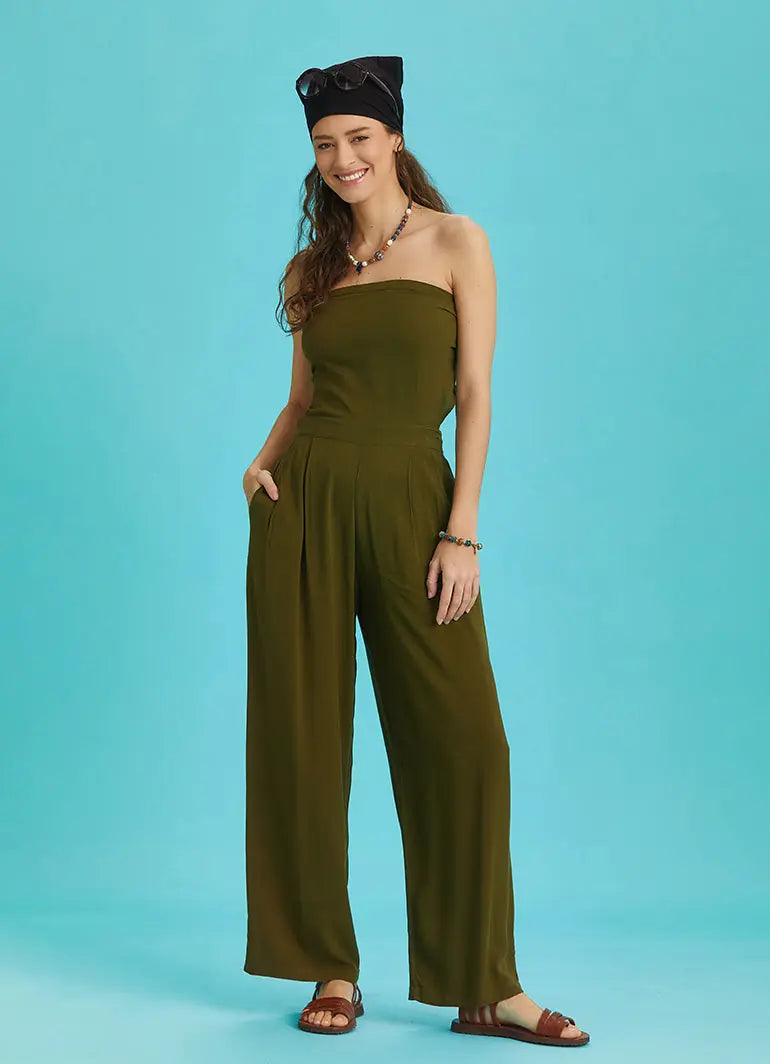 Haki Geniş Paça Straplez Tulum 6323