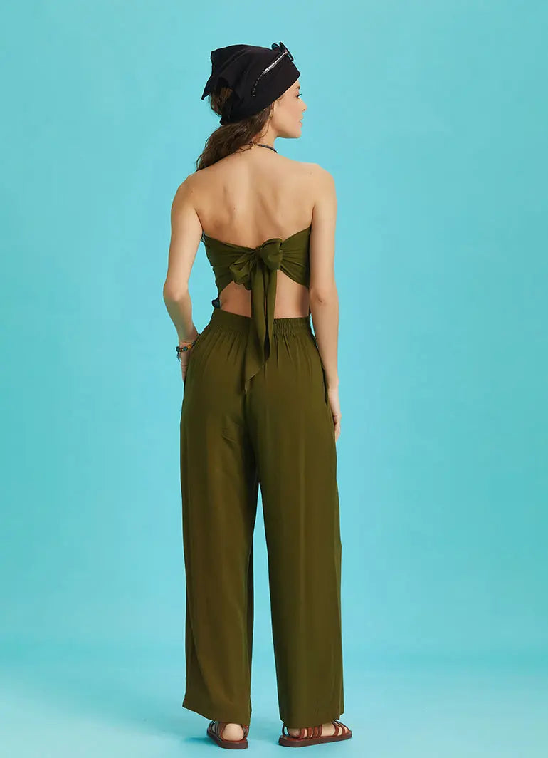 Haki Geniş Paça Straplez Tulum 6323