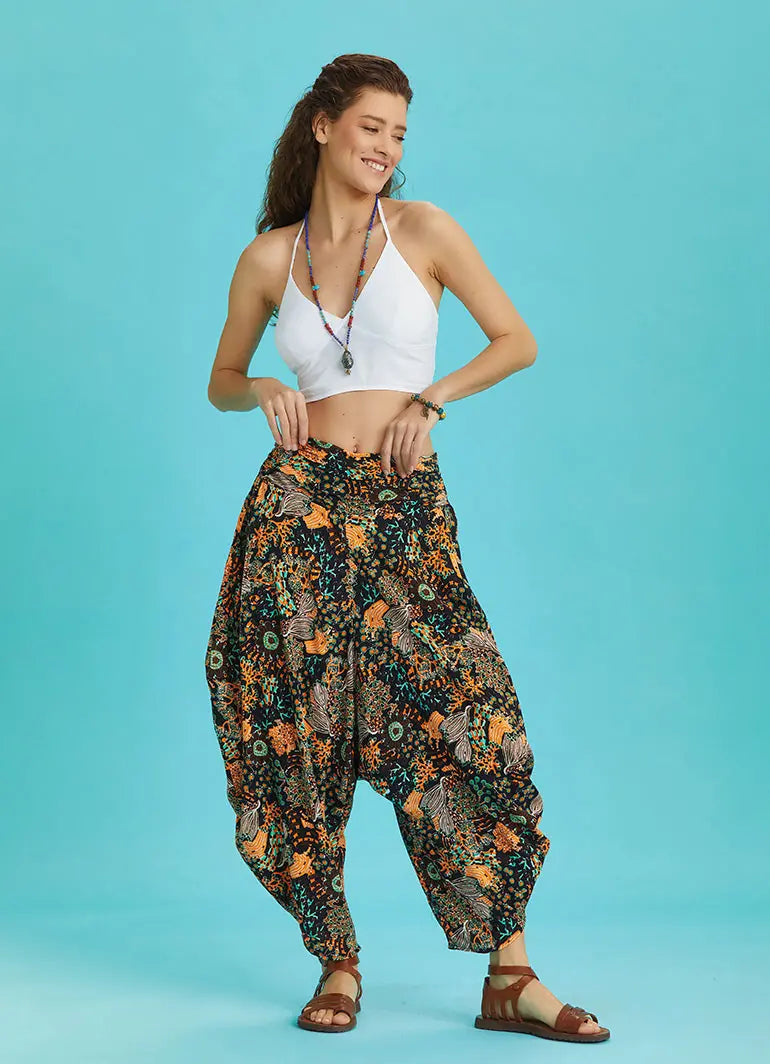 Drape Bel Dökümlü Çiçek Desenli Kadın Şalvar Pantolon 6351