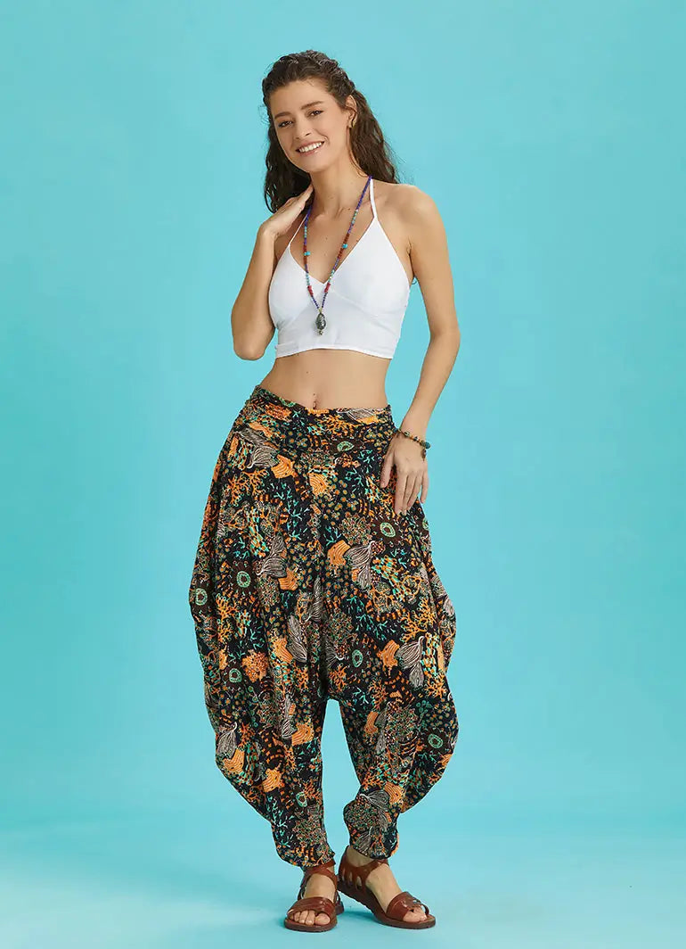 Drape Bel Dökümlü Çiçek Desenli Kadın Şalvar Pantolon 6351