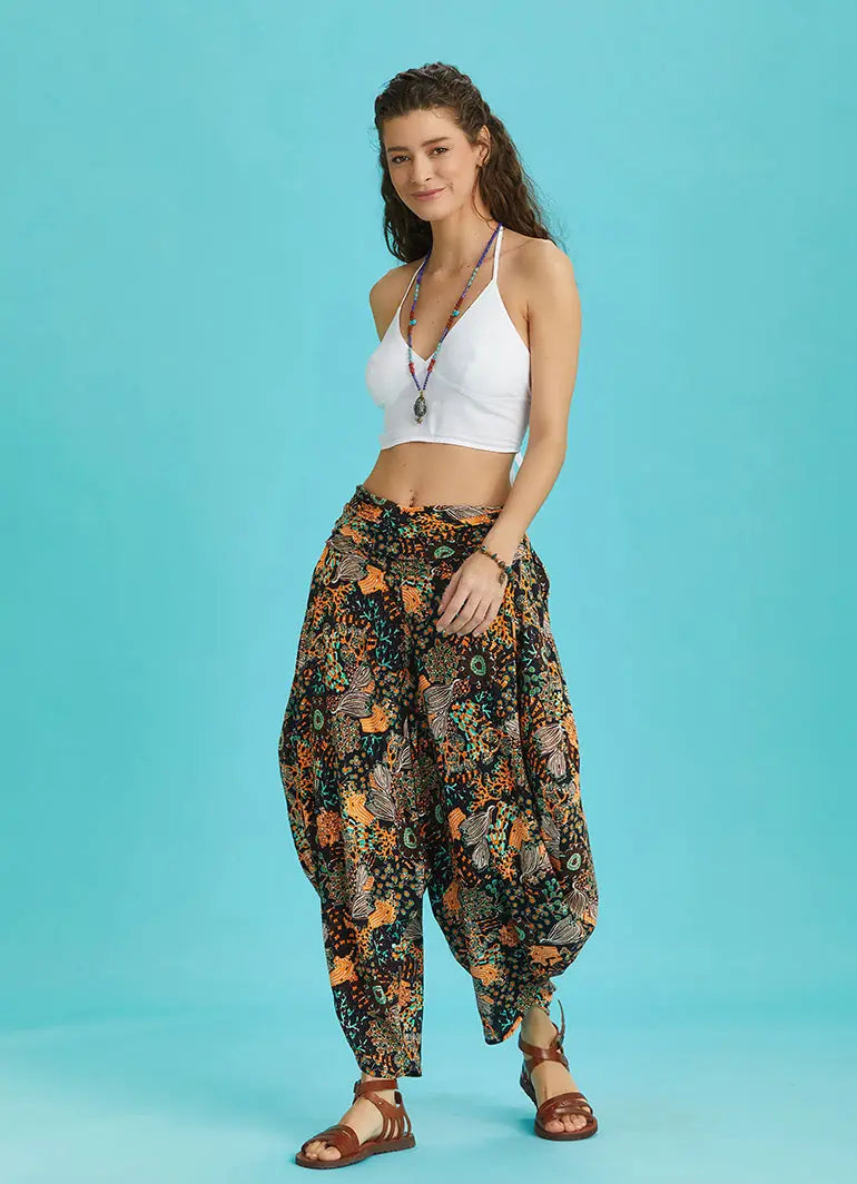 Drape Bel Dökümlü Çiçek Desenli Kadın Şalvar Pantolon 6351