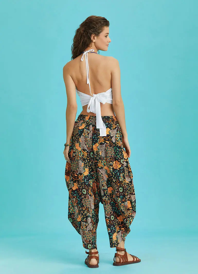 Drape Bel Dökümlü Çiçek Desenli Kadın Şalvar Pantolon 6351