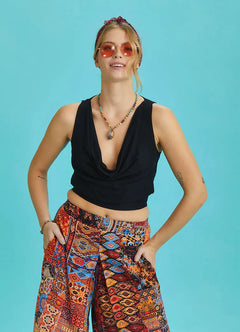 Black Elegant Sleeveless Cowl Neck Crop Blouse with Elastic Hem 6520