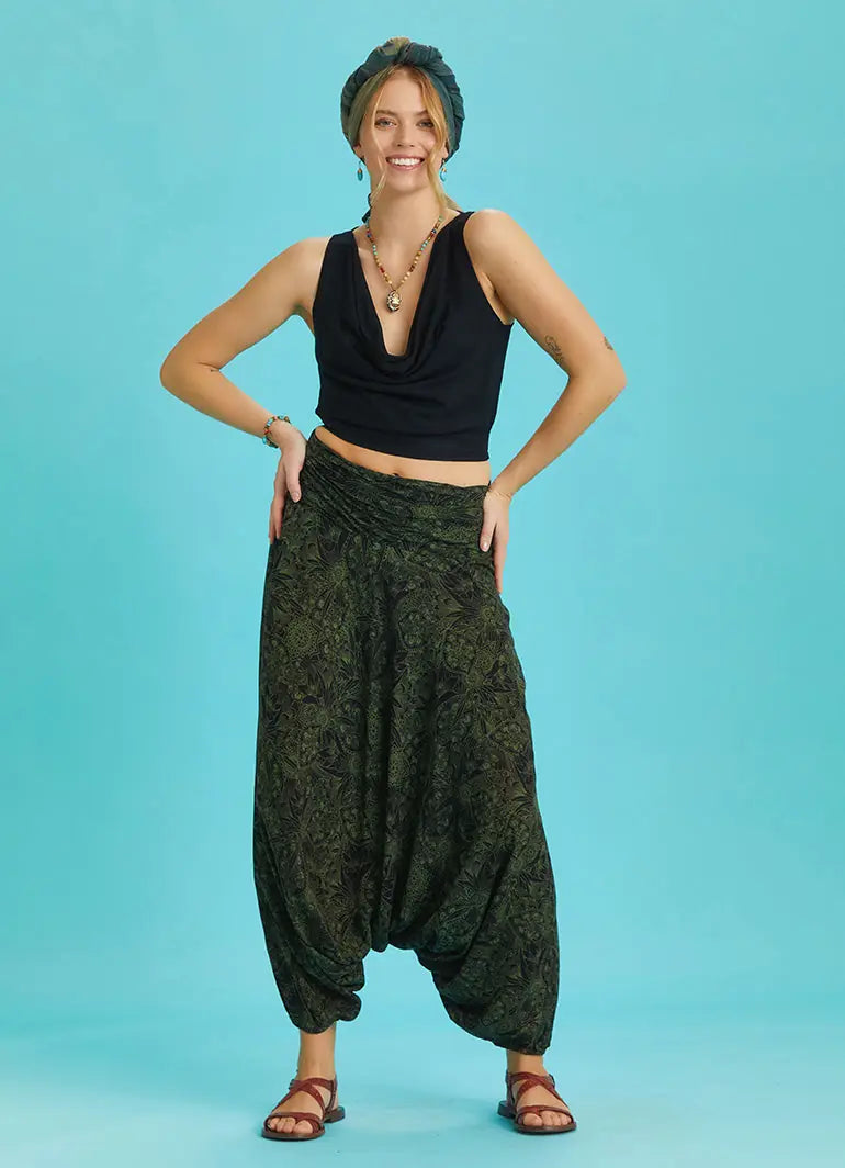 Drape Detay Beli Lastikli Yeşil Desenli Şalvar Pantolon 6288