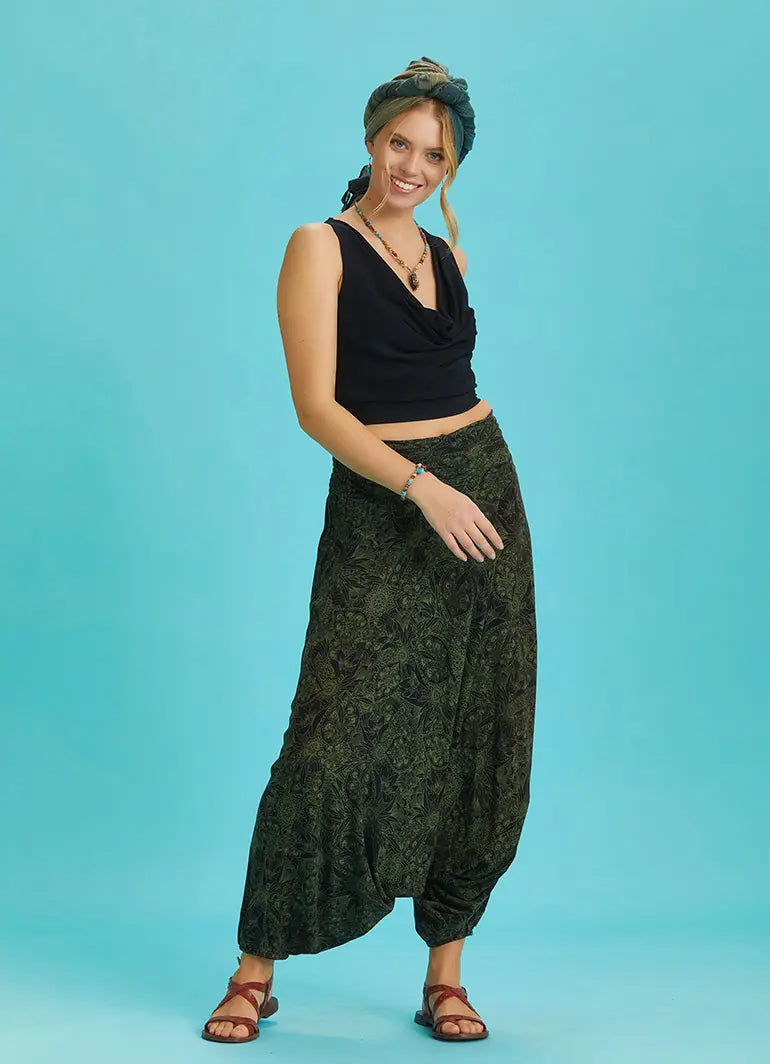 Drape Detay Beli Lastikli Yeşil Desenli Şalvar Pantolon 6288