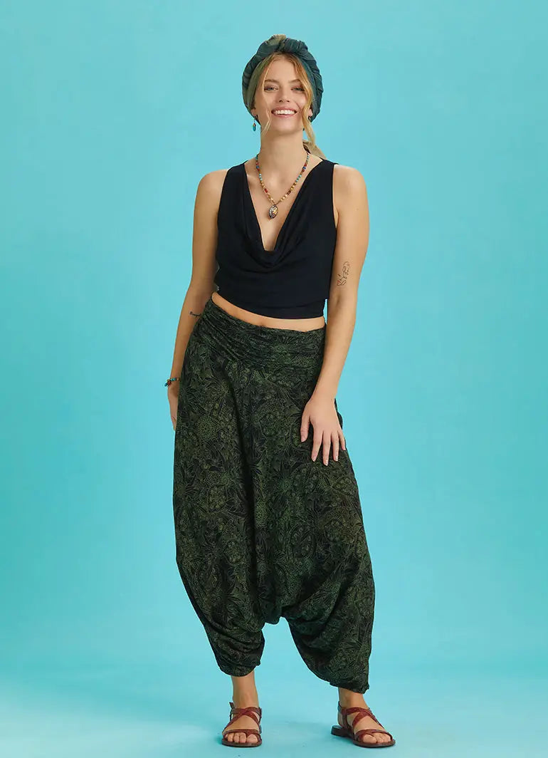 Drape Detay Beli Lastikli Yeşil Desenli Şalvar Pantolon 6288