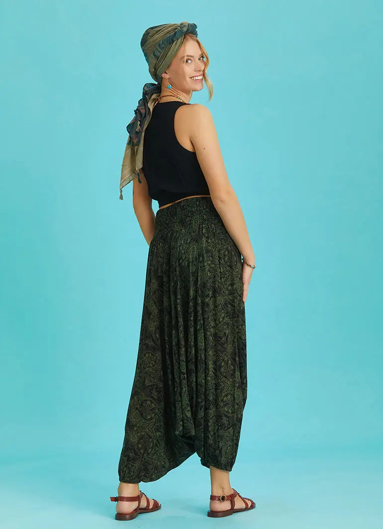 Drape Detay Beli Lastikli Yeşil Desenli Şalvar Pantolon 6288