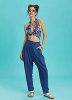 Boyundan Bağlamalı Mavi Desenli Crop Bluz 6344