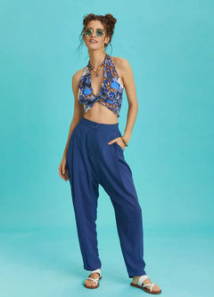 Boyundan Bağlamalı Mavi Desenli Crop Bluz 6344
