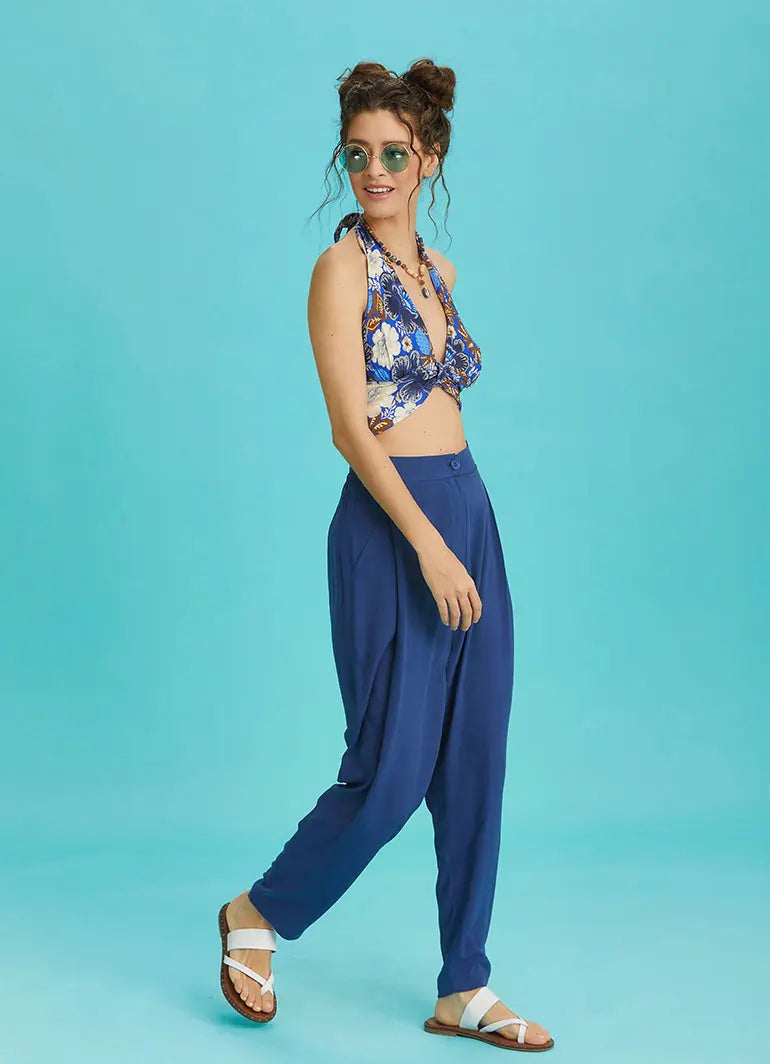 Boyundan Bağlamalı Mavi Desenli Crop Bluz 6344