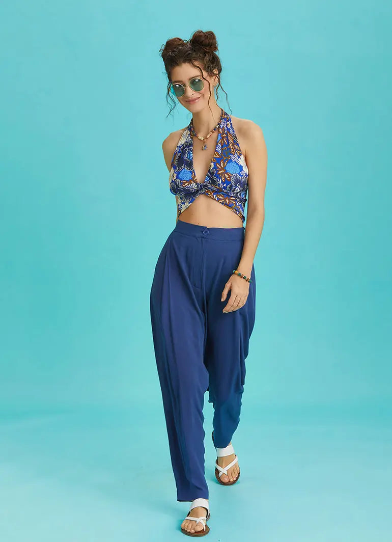 Boyundan Bağlamalı Mavi Desenli Crop Bluz 6344