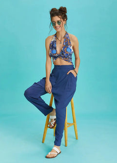 Elastic Waist Pleated Indigo Summer Trousers 6479