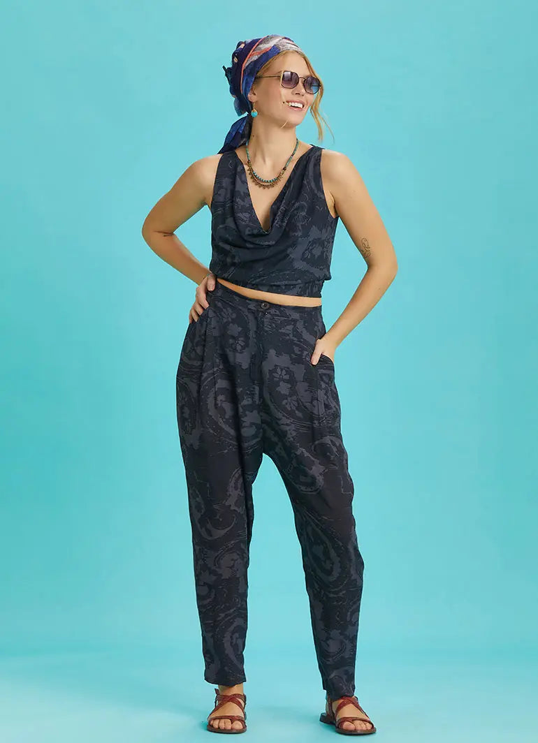 Beli Lastikli Pileli Gri Desenli Yazlık Pantolon 6480