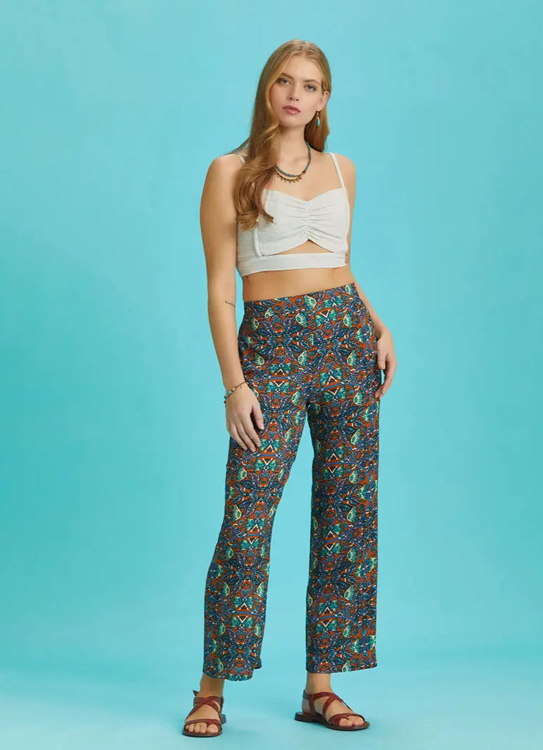 Düz Paça Petrol Desenli Beli Lastikli Pantolon 6303