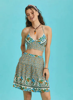 Floral Watermarked Fabric Elastic Waist Bohemian Mini Skirt 6306