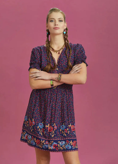 Bohem Stil Sulu Kumaş Pembe Çiçekli Elbise 6560