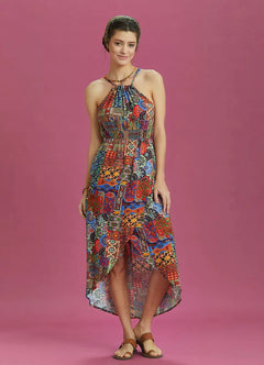High-Low Wrap Dress with Ethnic Pattern 6360