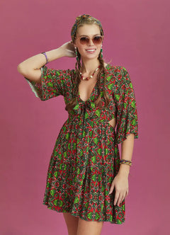 Front-Tie Green Floral Short-Sleeve Mini Dress 6515