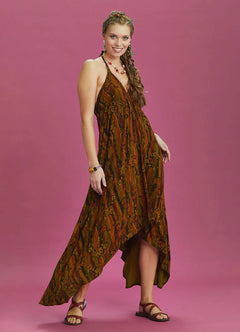 Backless Khaki Patterned Dress 6350