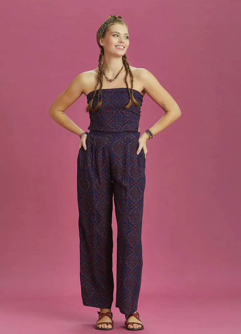 Desenli Geniş Paça Straplez Tulum 6326