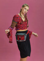 Turuncu Çiçekli Desenli İspanyol Kol Crop Bluz 6259