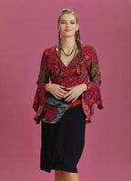 Turuncu Çiçekli Desenli İspanyol Kol Crop Bluz 6259