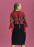 Turuncu Çiçekli Desenli İspanyol Kol Crop Bluz 6259