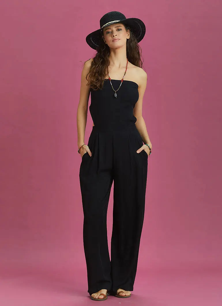 Siyah Geniş Paça Straplez Tulum 6322