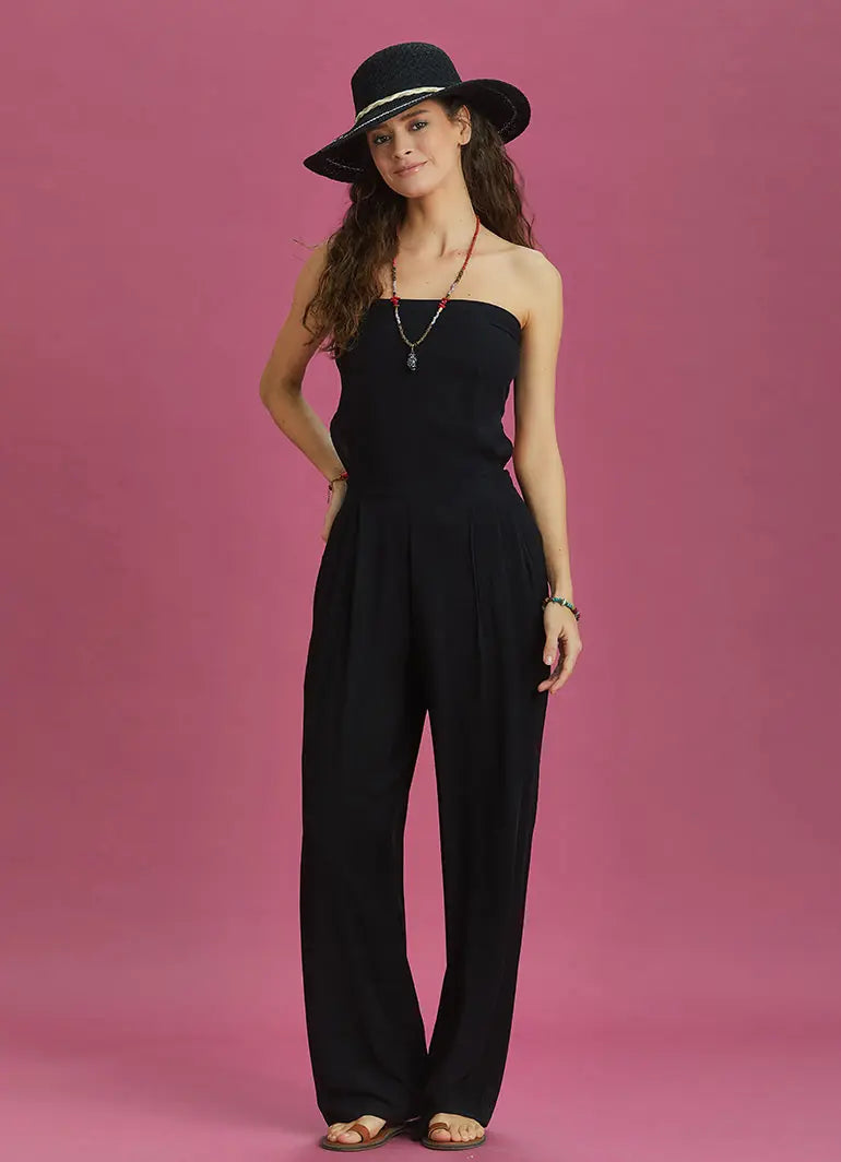 Siyah Geniş Paça Straplez Tulum 6322