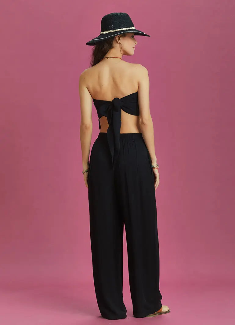 Siyah Geniş Paça Straplez Tulum 6322
