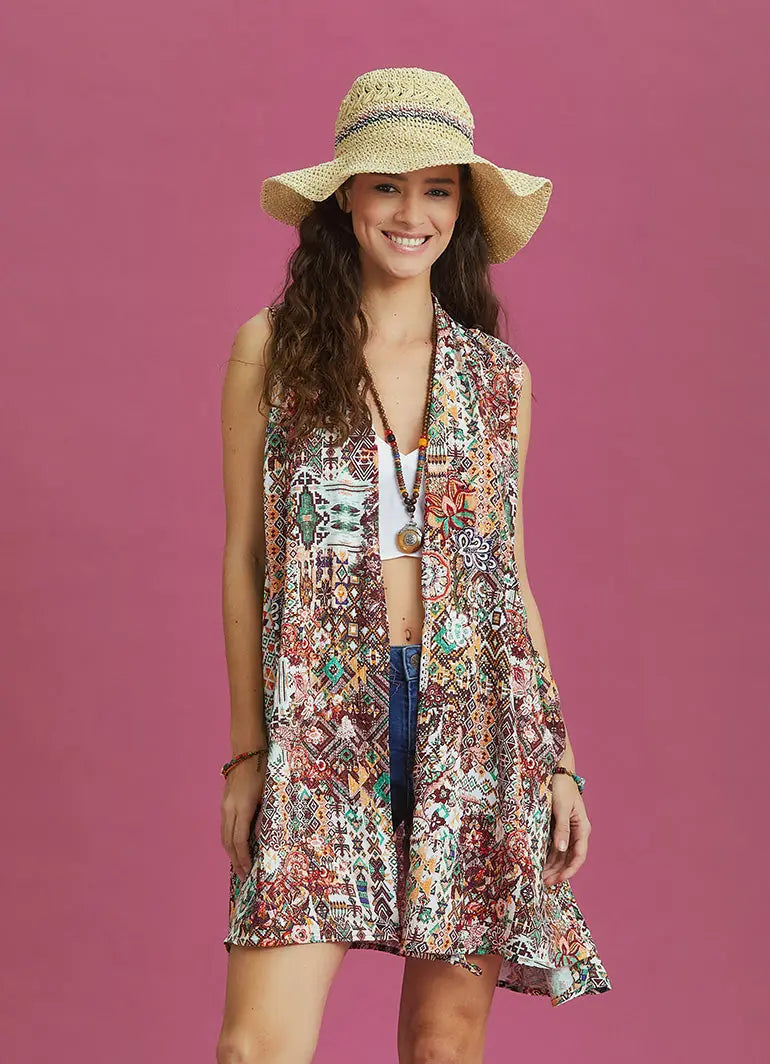 Degaje Yaka Kahve Desenli Anvelop Tunik Elbise 6328