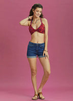 Bohem Stil Kırmızı Çiçek Desen Bağlamalı Bralet Crop Bluz 6312