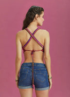 Bohem Stil Kırmızı Çiçek Desen Bağlamalı Bralet Crop Bluz 6312
