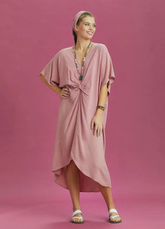 V-Neck Front-Knotted Pink Batwing Sleeve Dress 6486