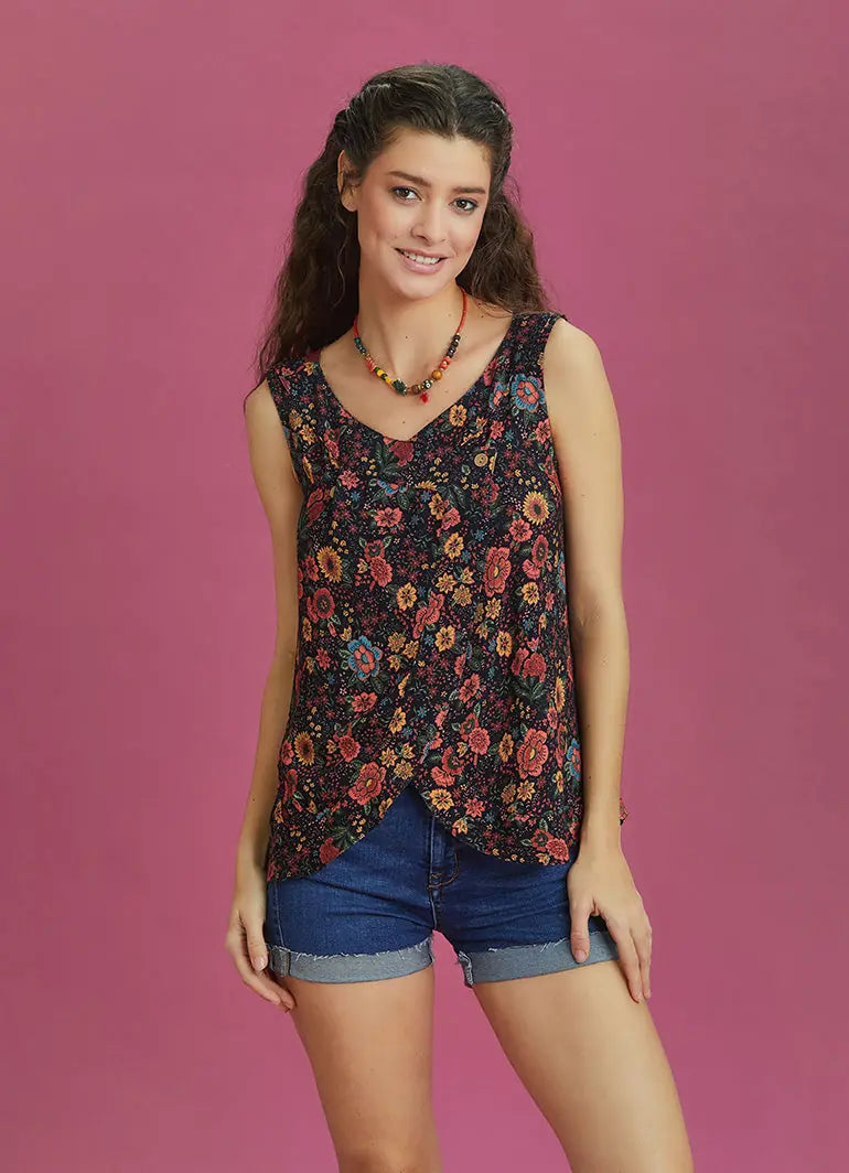 Siyah Çiçekli Kolsuz Düğmeli Kadın Bluz 6468
